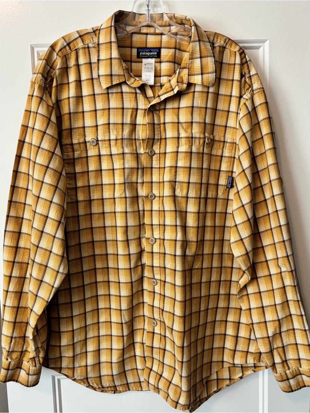 Patagonia Organic Cotton Plaid Button Up Shirt L Mustard Brown